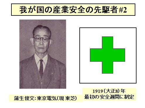 写真：産業安全の先駆者2：蒲生俊文（東京電気）と最初の安全週間に制定された緑十字